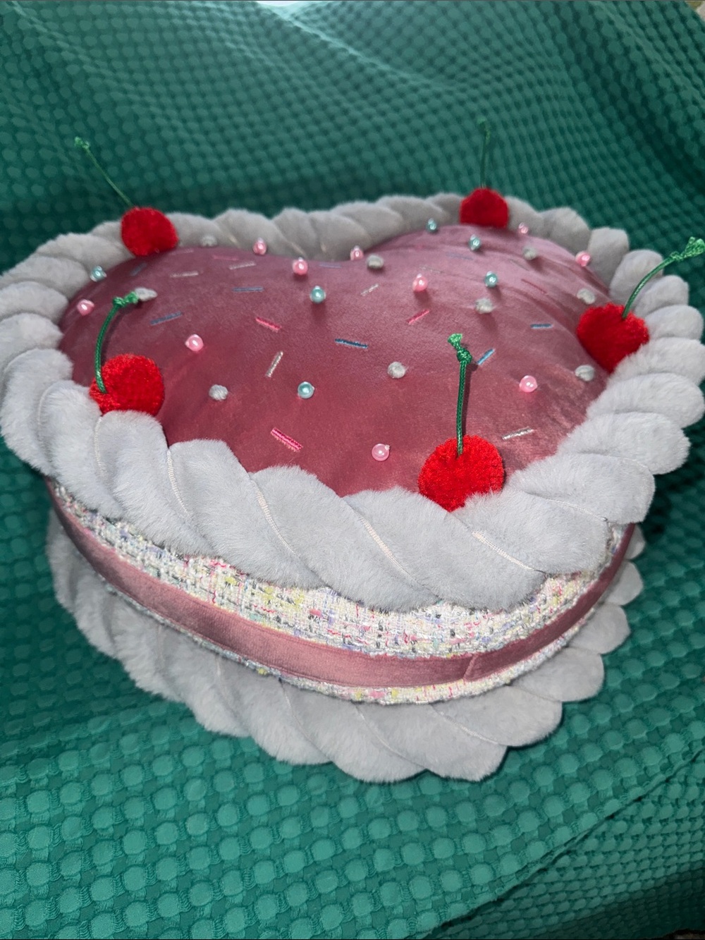 Cupcakes & Cashmere Pink Heart Cake w/Red Cherry Decorative Novelty Plush Pillow